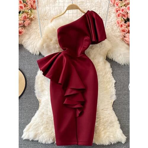 Sexy Off Shoulder Party Dress Women Summer Diagonal High Waist Irregular Ruffle Bodycon Vestidos Female Casual Red/Pink Robe New