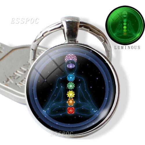7 Chakra Luminous Jewelry Buddhism Indian Chakra Keychain Keyring Sacred Geometry Cabochon Glass Pendant