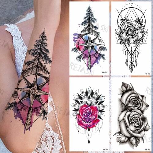 Watercolor Compass Tree Forest Temporary Tattoos For Women Girls Rose Geometric Fake Tattoo Sticker Waterproof Arm Back Tatoos