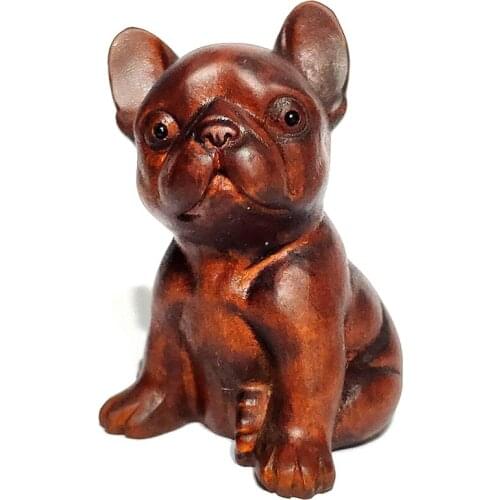 CQ096 - 2" Hand Carved Boxwood Netsuke Carving Figurine: Bulldog Dog Animal Statue Small Carving Crafts Home Decoration Ornament