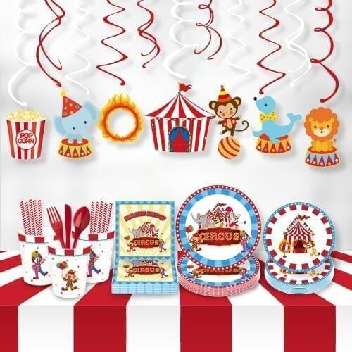 Kids Carnival Circus Theme Birthday Party Theme Disposable Tableware Sets Cartoon Circus Animals Plates Party Supplies MM005