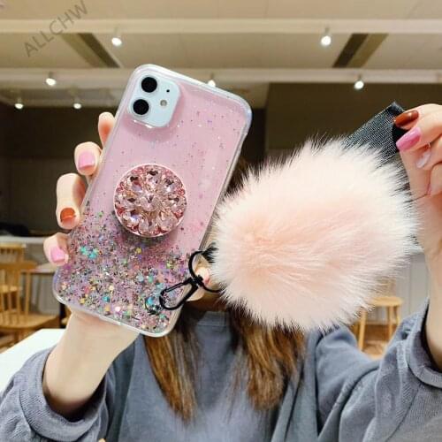 DIY CZ diamond holder Stand Fur Ball phone case For iPhone 12Promax 11 Pro MAX 6 7 8 Plus X XR XS Max Glitter Soft TPU Coque