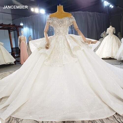 HTL2120 Short Sleeve Luxurious V-Neck Crystal Beading Sequined Wedding Dress 2021 For Woman Ball Gowns