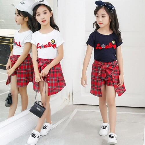 Kids Girls White Naby Blue Clothing Sets Letter T-Shirt + Plaid Bow Skirt Two-piece Set Child Teen Girls 4 6 8 10 12 Clothes Set