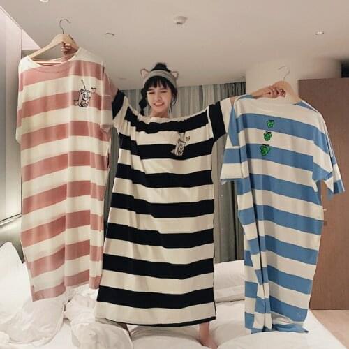Summer Oversized Pajamas Womens Short Sleeve Nightdress Milk Silk Cartoon Loose Fitting Home Wear Stripe Three Color Pajamas