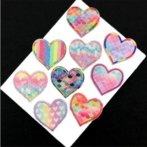 Maxsin 10 Pc/lot New Style Sparkling Rainbow Love Heart Stickers Clothes Patch Iron on Jackets Jeans DIY Applique Decorations