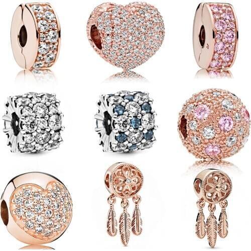 Kakany 2020 New Genuine Rose Pave Heart Clip Charm Pink Cosmic Stars Open My Heart Dazzling Dai Messy Daisy Fixed Shiny
