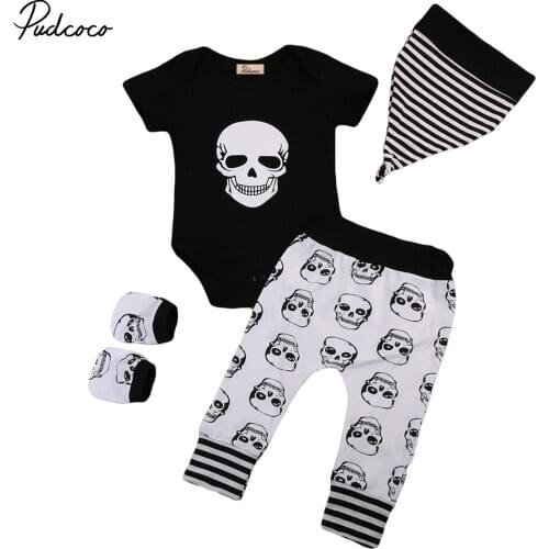 Novelty Newborn Baby Boy SKull Outfits Clothes Black Romper Tops Jumpsuit Long Pants Leggings Hats Gloves 4pcs Clothing Set