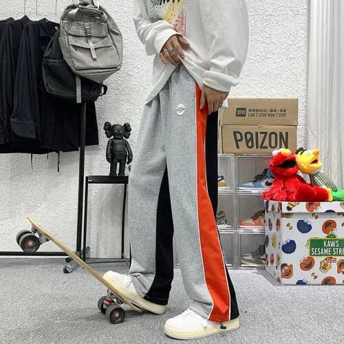2021 Autumn New Hong Kong Style Doll Scenery Color-blocking Labeling Mopping Pants Guard Pants Casual Pants Men