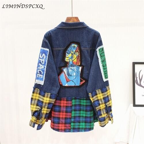 Korean Autumn Outfit Fashion Plaid Spliced Denim Coat Casual Loose Long Sleeve Cartoon Patches Cardigan Turn Down Collar Tops