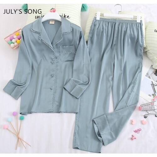 JULYS SONG Woman Pajamas Sets Lace Ice Silk Spring Autumn Sleepwear 2 Pieces Simple Lapel Cute Long Sleeve Trousers Homewear