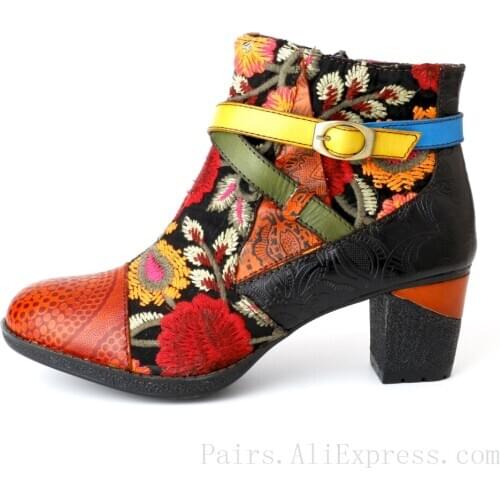 Luxury Women Booties Genuine Leather Ankel Boots Mix Color Embroider 6cm High Heels Handmade Shoes Big Size 42 Designer Brand