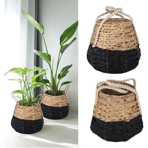 Natural Outdoor Picnic Basket Tote Bag Garden Plants Pot Wall Hanging Straw Woven Basket Plant Flower Pot Home Storage Bag