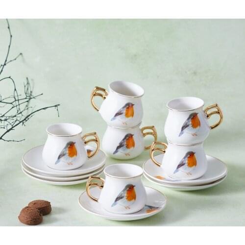 Turkish Porcelain Bird Figured Greek Arabic Coffee Espresso Cup and Saucer Set of 6, Luxury Coffee Set