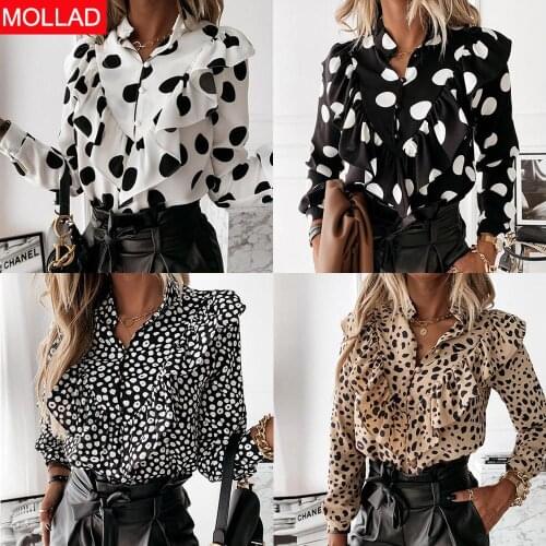 European and American Womens Clothing Autumn and Winter Polka Dot Printed Ruffled Long Sleeve Shirt