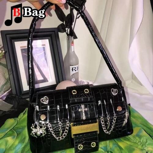 Y2K baguette Women shoulder bag punk Metal pendant messenger bag Hot Girl Fashion Retro Handbag female PU Tote Bags