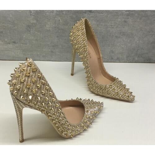 Moraima Snc Gold Rivets Studded High Heel Shoes Woman Pointed Toe Party Dress Heels 12cm Thin Heels Club Wearing Shoes