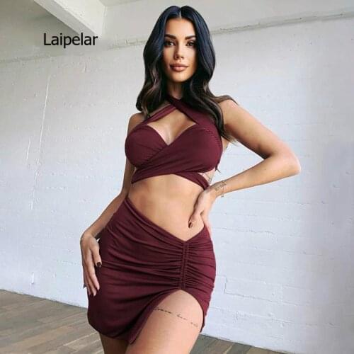 2021 Summer Womens New Wine Red Bow Cross Strap Open Navel Top Slant Split Skirt and Top Suit Party Wear