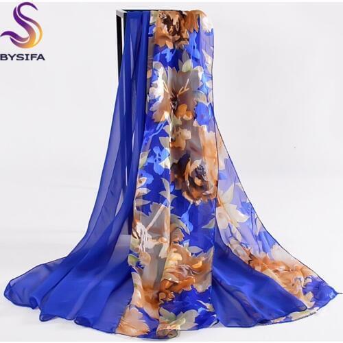 [BYSIFA] Gold Red Women Silk Scarf Cape Fashion Brand Chiffon Long Scarves Wraps Spring Autumn Flower Scarf Shawl 180*80cm