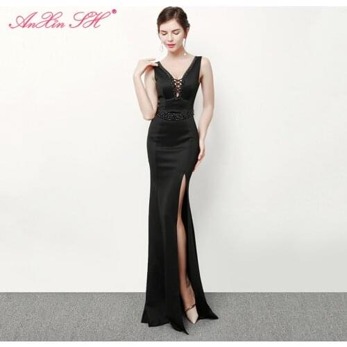 AnXin SH vintage black satin mermaid evening dress sexy red v neck blue sleeveless beading trumpet white evening dress 8168
