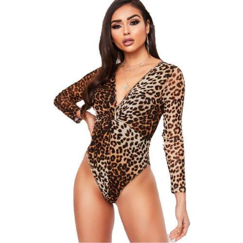 Body Mujer Sexy Leopard Print Deep V-Neck Club Bodysuit Tops Women Spring Long Sleeve Bodysuit Jumpsuit
