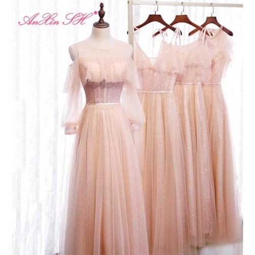 AXJFU pink flower lace o neck Bridesmaid Dress fashion illusion bow beading crystal long ruffles lace up Bridesmaid Dress