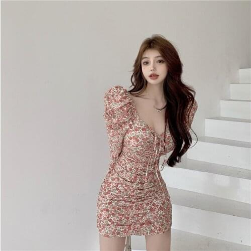 V-neck Low-cut Print Pink Dress Fashion Vestido Feminino Autumn Vintage Style Chic Elegant Dresses for Women Puff Sleeve