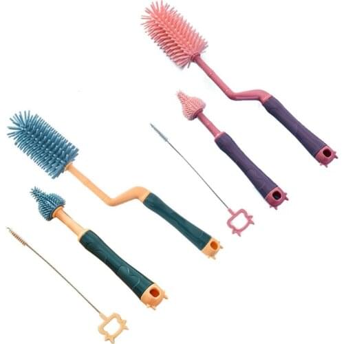 3 Pcs Baby Bottle Cleaning Brushes Set Rotary Handle Milk Bottle Washing Nipple Cleaner Soft Silicone Feeding