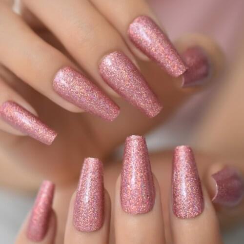 Ballerina Long Fake Nails Shimmer Glitter Press On Nails Full Cover False Stick On Nail Tips Pink