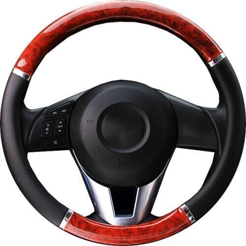 DERMAY Black Steering Wheel Cover with Wood grain Design and Chrome Trim/PU leather car steering wheel braid diameter 37cm-38cm
