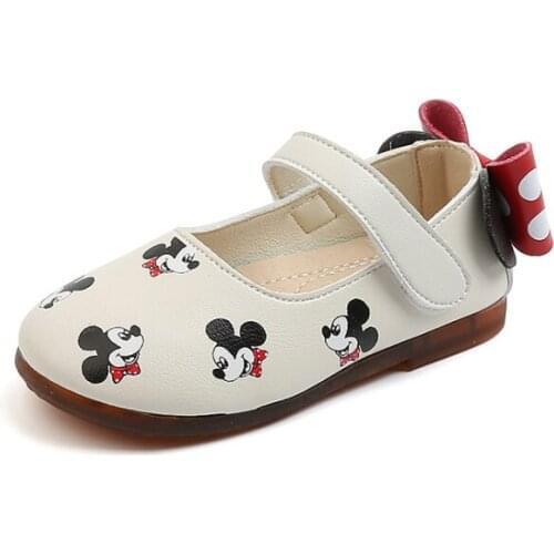 Disney Mickey Princess Kids Leather Shoes For Girls Bow Children Flat Heel Girls Single Shoes Butterfly Toddler Shoes