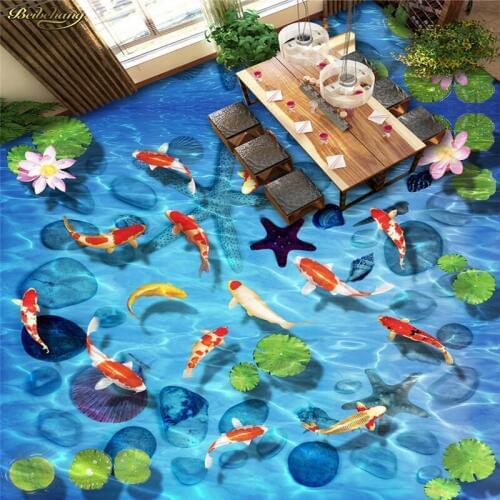 Beibehang Custom Photo Wallpaper Floor Painting Lot Lotus Carp Stone Shell 3D Floor papel de parede