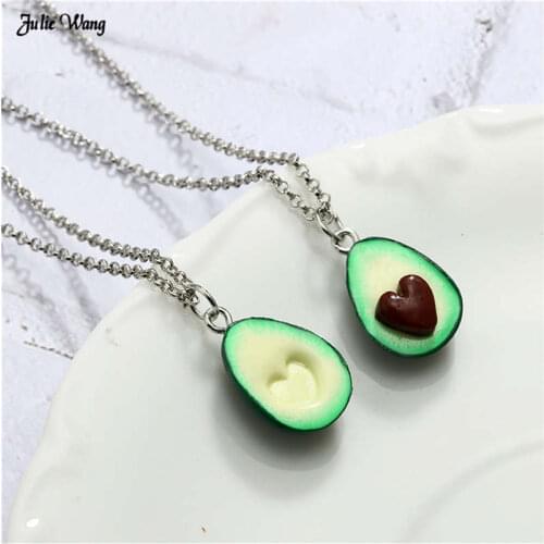 Julie Wang 1pc Alloy Avocado Heart Shape Necklace Pendant Polymer Clay Charms Long Chain Women Fashion Statement Necklace Gift
