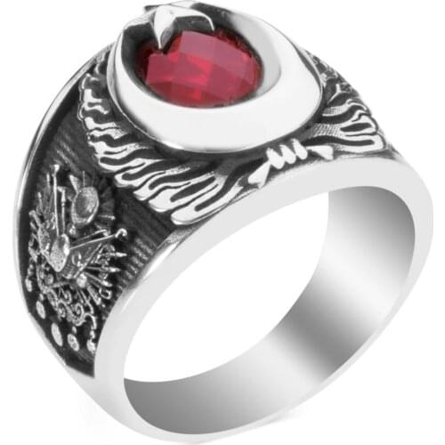 Red Zircon Crescent Star Style Ring Three Moon Wolf Motif Ring Ottoman Arms Style Ring 925 Sterling Silver