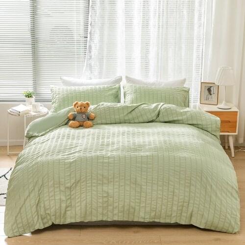 Simple Style Bedding Set Green Seersucker Comforter Duvet Cover Set with Quilt Cover 1/2 Pillowcases US/EU Size Bed Linen Set