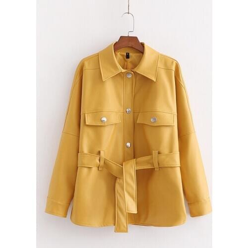 Faux leather jackets women spring and autumn new style lapel single-breasted belt waist belt leather jacket leather jacket