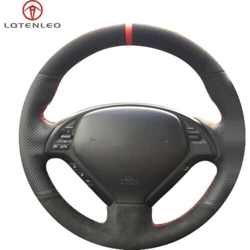 LQTENLEO Black Genuine Leather Suede Car Steering Wheel Cover For Infiniti G G25 G35 G37 EX35 EX30 EX37 Q Q40 Q60 QX50 2014-2018