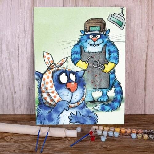 Cartoon Blue White Cat Coloring By Numbers Painting Complete Kit Oil Paints 50*70 Oil Painting Paintings For Children Art
