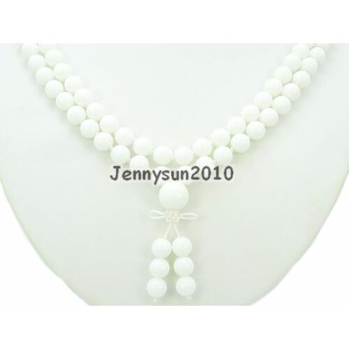 Natural White Alabaster 8mm Gems Stone Buddhist 108 Beads Prayer Mala Knot Necklace Multi-Purpose 5Strands/Pack