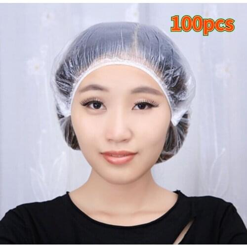 100PCS Disposable One-off Hotel Home Shower Caps Shower Bathing Clear Hair Elastic Caps Hats Shower Hat Bathing Cap