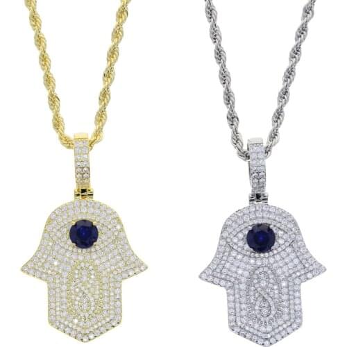 Wholesale Iced Out Bling 5A Cubic Zircon paved big hand hamsa pendant Necklaces With 5mm Tennis Chain Rock Jewelry for women men