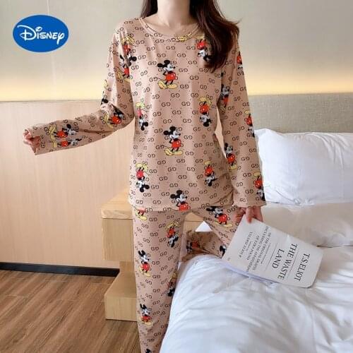 Disney Mickey Korean Style Pajamas Womens Spring and Autumn Cartoon Long-sleeved Ladies Soft and Comfortable Home Service Suit