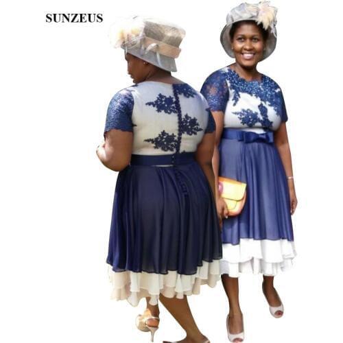 Blue And Ivory Mother Of Bride Dress A-line Short Sleeves Tea Length Wedding Party Dresses Tiered Chiffon Skirt Lady Gowns