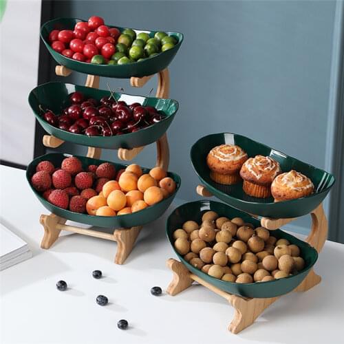 2/3Layers Living Room Fruit Snack Tray Candy Cake Display Oval Serving Bowls Dishes with Wood Stand Party Food Serving Basket