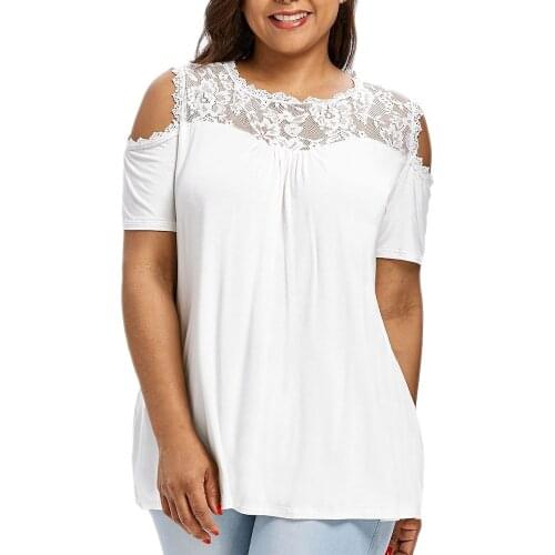 Plus Size Top Fpr Women Strapless Blouses Ladies Plus Size Clothing Womens Cold Shoulder Tops Lace Short Sleeve Shirt Blusas