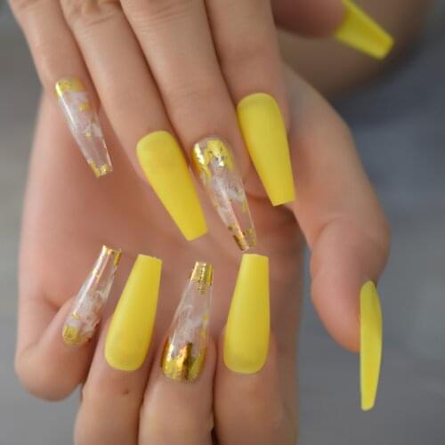 Luxury Gold Foil White Marble French Matte Coffin False Nails Summer Color Frosted Super Long Fake Ballet Nail Reusable Wear