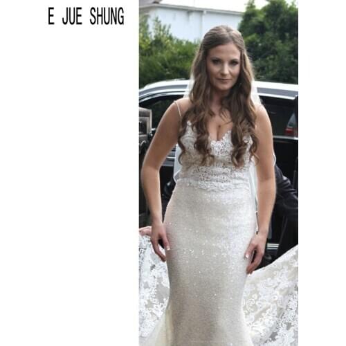 E JUE SHUNG Luxury Mermaid Wedding Dresses Spaghetti Straps Backless Lace Appliques Boho Bridal Gowns vestido de noiva