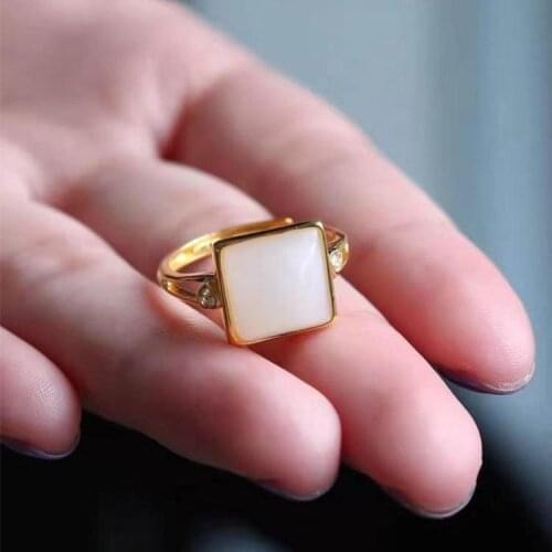 Hetian Jade White Jade Ring Womens Fashion Personality Small Square Jade Ring Retro Simple Opening Adjustable Sterling Silver R