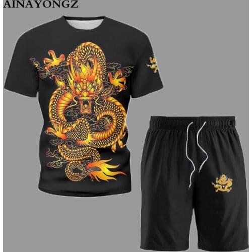 Super Cool Summer Mens Sets Chinese Dragon Short Sleeve Tops 2021 Emperors New Clothes Fashion Male Casual T-Shirt Shorts Suit
