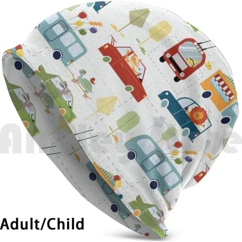 Happy Escape From The Zoo Pattern Beanies Knit Hat Hip Hop Trolleybus Bus Car Vehicle Animals Lion Donkey